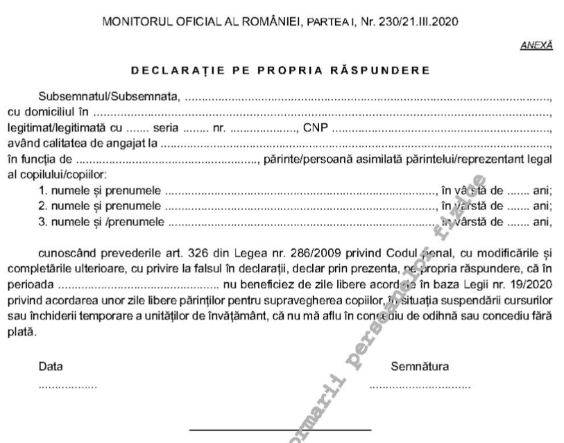 Declaratie pe propria raspundere loc de munca